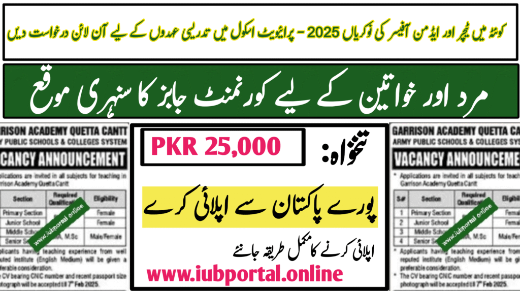 Teacher & Admin Officer Jobs 2025 in Quetta – Apply Online for Private School Teaching Positions