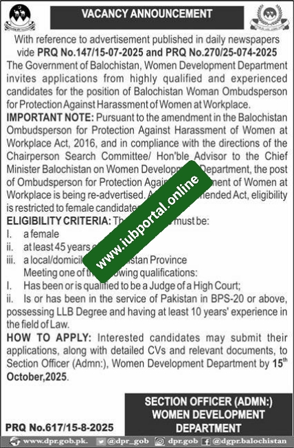 Women Development Department Quetta Jobs 2025 – Apply Online for HR & Ombudsperson Posts