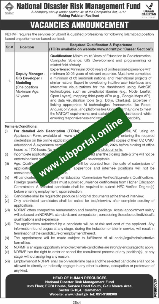 NDRMF Jobs 2025 in Islamabad – Apply Online for Deputy Manager, GIS Developer & Management Positions
