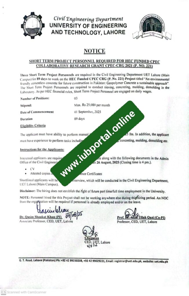 UET Lahore Jobs 2025 – Apply Online for Short-Term Project Personnel (CPEC) in Education