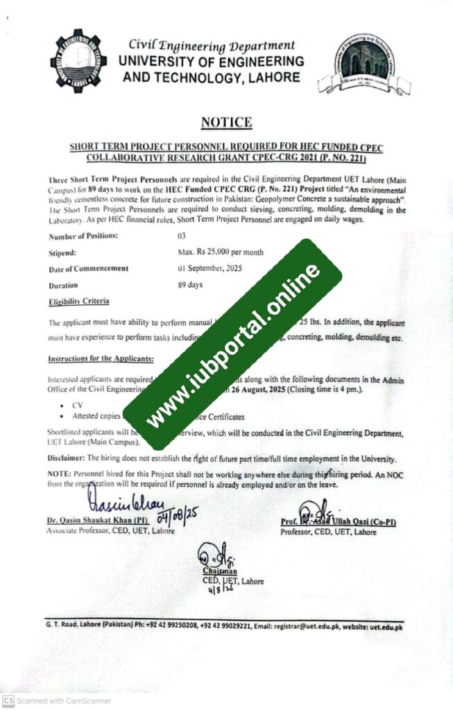 UET Lahore Jobs 2025 – Apply Online for Short-Term Project Personnel (CPEC) Vacancies